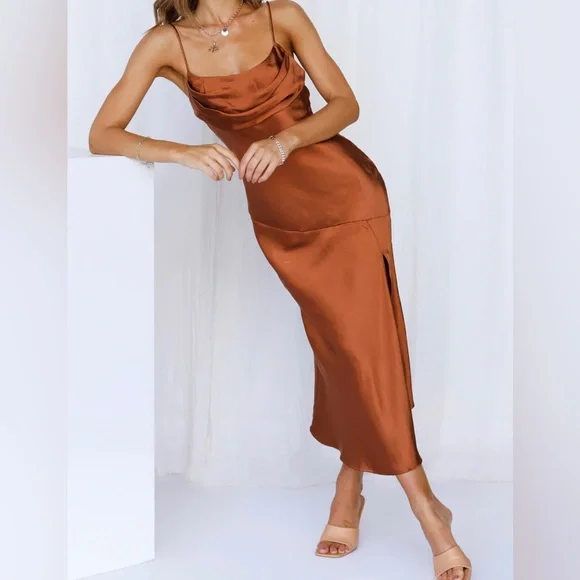 knee length dresses for ladies Chocolate Brown Satin Bandeau Arden Maxi Dress main image 0